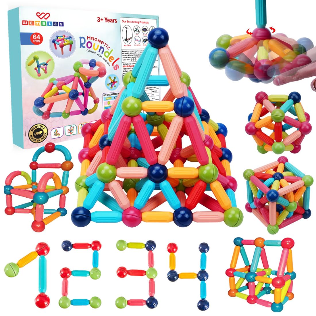 Magnetic Sticks Roundels Building Blocks (64 Pcs)